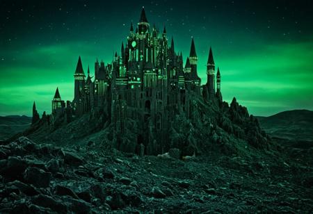 panorama of a dark castle on the right side in a rocky moony valley, the castle is all made with abstract circuit board, circuitery and electronics, high gothic arrows, perfect composition, intergalactic lights, creepy, horror, crude, glaucous, the scene is enlightened by a no-atmosphere light, craters, rock, glass, ivory, neon, concrete, German gothic period, the castle is highlighted in the composition, ground is red, grey, green, yellow, cyan, Spacy contrasts, complex Reliefs composition, multiple layers of darkness in the space sky fulled by multiple dark nebulaes, some dystopian robot vehicules transporting, working, assembling, dark space transylvania dystopia, the gulf stream collapse,