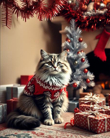 bo-christmas
A fluffy kitty cat sits attentively by the fire wearing a CHristmas Jumper. Presents are amassed under the silver artificial tree in the corner. REd and god tinsel decorations hang for the ceiling