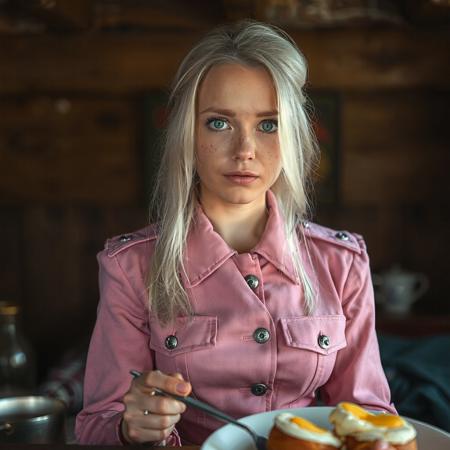 iphone 8 photo of Oksana Akinshina, silver blond hair, green eyes, wearing a pink military uniform, in an old slavic cabin, grainy footage, lots of freckles, serving an english breakfast
