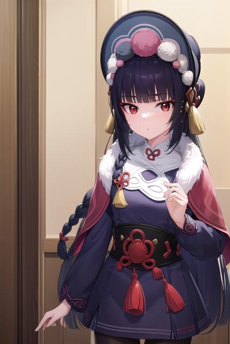 yunjin, <lora:yunjin-lora-nochekaiser:1>,
yun jin, black hair, blunt bangs, braid, eyeshadow, long hair, makeup, purple hair, (red eyes:1.5), red eyeshadow, (small breasts:1.2),
BREAK black footwear, boots, chinese clothes, fur trim, hat, knee boots, long sleeves, pantyhose, pom pom (clothes), purple pantyhose,
BREAK indoors, theater,
BREAK looking at viewer, (cowboy shot:1.5), upper body,
BREAK <lyco:GoodHands-beta2:1>, (masterpiece:1.2), best quality, high resolution, unity 8k wallpaper, (illustration:0.8), (beautiful detailed eyes:1.6), extremely detailed face, perfect lighting, extremely detailed CG, (perfect hands, perfect anatomy),