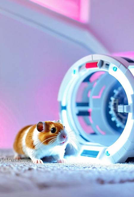 Ultrarealistic. sharp focus, dynamic lighting. play of light, Ultra detailed. ((novuschroma53 style)). A Roborovski dwarf hamster in a spaceship made of plastic toy.