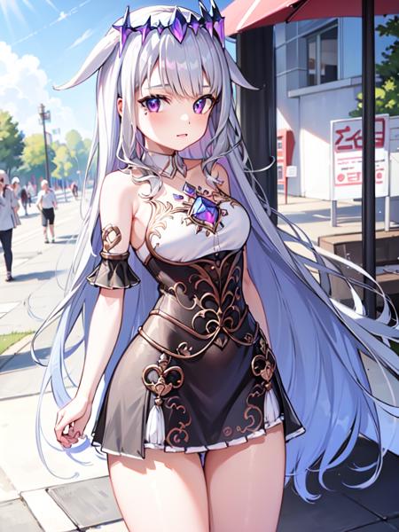 koseki_bijou, hololive, 1girl, solo,
silver_hair, purple_eyes, long_hair,
cute, medium_breasts, [wide_hips], short, thicc,
looking_at_viewer , cleavage,
wide_shot,
outdoors, day,