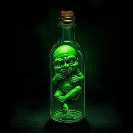 Dark and ominous artwork featuring an old fashioned bottle containing a green oversized hideous deformed smiling fetus squished inside the small bottle, obscure art, artstation, weird art, occult art, splash art, goth, grotesque, disgusting, shock value, photography, stoner doom, green hue, coverart