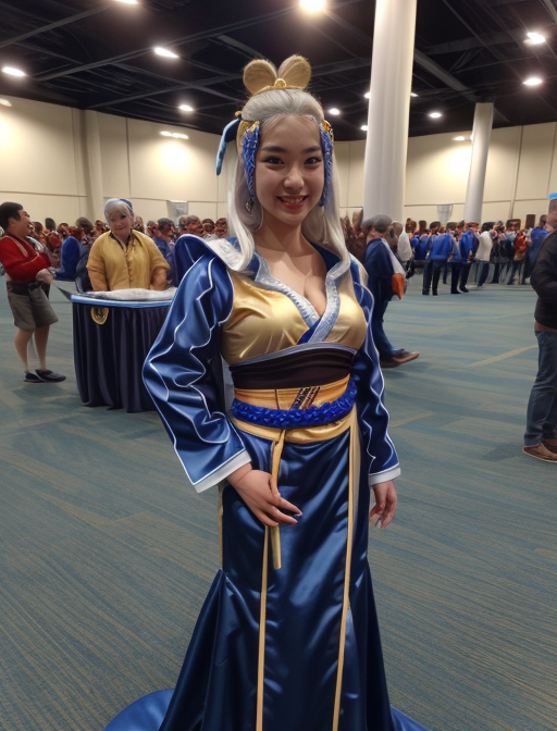 best quality, masterpiece, highres, detailed, realistic, cosplay, <lora:Detail - add_detail:0.2>, MuYanling, white hair, oriental clothing, blue and gold clothing, blue eyes, <lora:Character - MuYanling:0.8>, smile, cosplay convention center, asian girl in her 30's