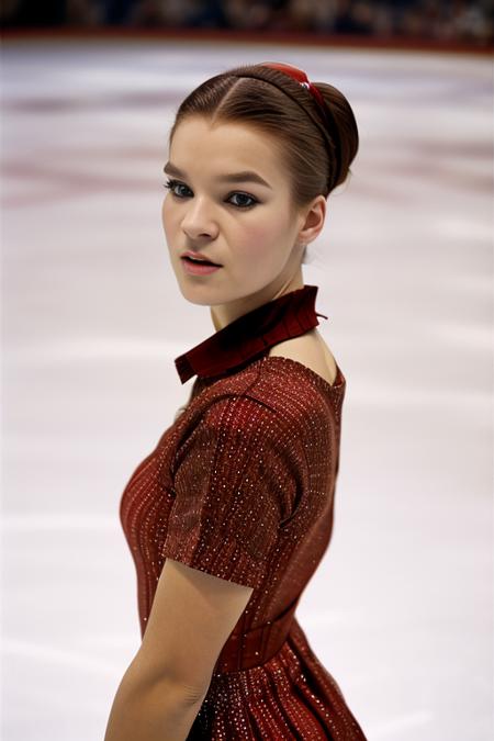 a picture of (k4t4rin4witt) as a woman ice skating, sapphire earrings, (brown hair tied up), shimmering brown eyes, detailed eyes, intricate face, high contrast, (waist chain), ((ice skating rink)), ((posing on the ice)), ((crowd in the background)), (looking to the right), (detailed pupils:1.3), (elegant red dress:1.4), <lora:Katarina_Witt_PMv1b_Lora:1.3>,, RAW candid cinema, 16mm, color graded portra 400 film, remarkable color, ultra realistic, textured skin, remarkable detailed pupils, realistic dull skin noise, visible skin detail, skin fuzz, dry skin, shot with cinematic camera