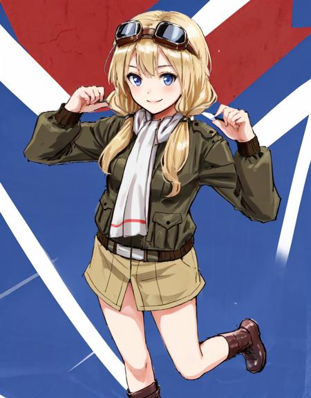 <lora:Carla-10:0.8>  1Girl , Solo , Carla , blonde hair , military uniform , goggles on head , jacket , scarf , smile , blue eyes , full body , low twintails ,