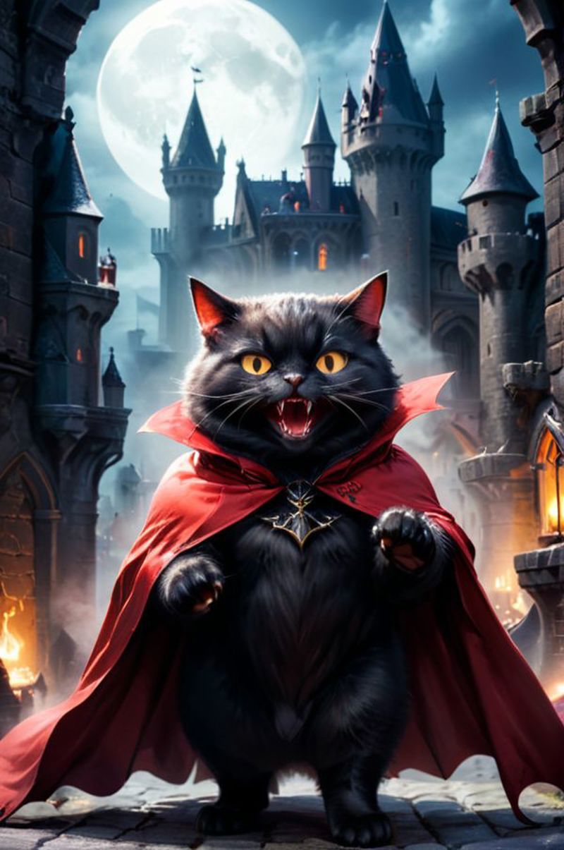A black cat wearing a red cape and standing in front of a castle.