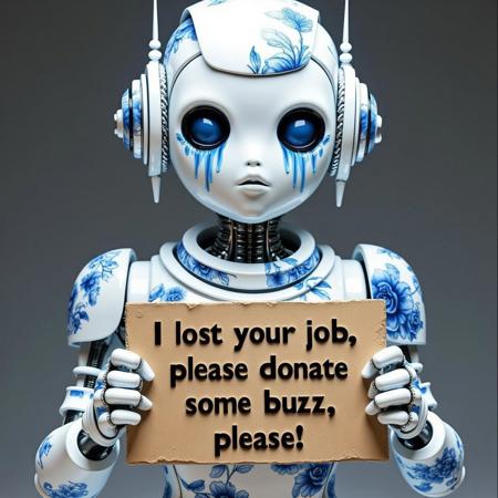 buzz, A photorealistic photo of a high fashion white porcelain robot model with intricate blue floral details, machinery and sharp details, eyes burning with tears falling, holding a cardboard sign that reads "I lost my job, please donate some buzz, please!<lora: CTAI-Ceramic:1> <lora: CTAI-METAL HEAD 00:1>