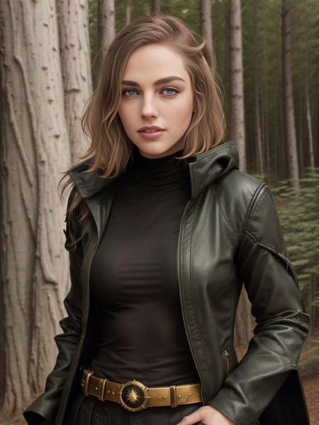 (8k, best quality, masterpiece),(best quality), (ultra highres),action pose, a beautiful woman <lora:Teagan:0.8>, beautiful eyes, detailed iris, short brown hair, full body portrait, small breasts, wearing black jedi robes with gold leather belt, star wars, forest endor background, modelshoot style, intricate, elegant, skin details, realism, (hyperrealism), (cinematic), (hyperdetailed), hdr