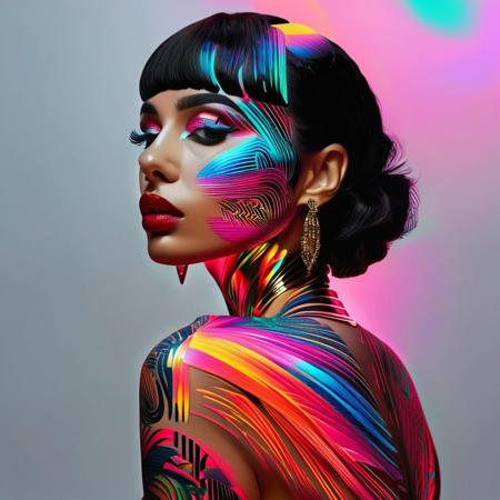Cibher-Cleopatra. MonicaAriana's breathtaking illustration of a captivating egiptian woman adorned with an intricate, glowing neon rainbow tattoo. The tattoo consists of shimmering, thin intrincate glowing hieroglyph pattern that cover her entire body, creating a mesmerizing, otherworldly effect. The level of detail is exceptional, capturing the texture of the skin and the precise lines of the stripes. The overall ambiance of the piece is reminiscent of a detailed painting or graffiti, bringing the figure to life and showcasing the artist's extraordinary skill. MonicaAriana's name is prominently displayed at the base, 3d render, painting, illustration, vibrant