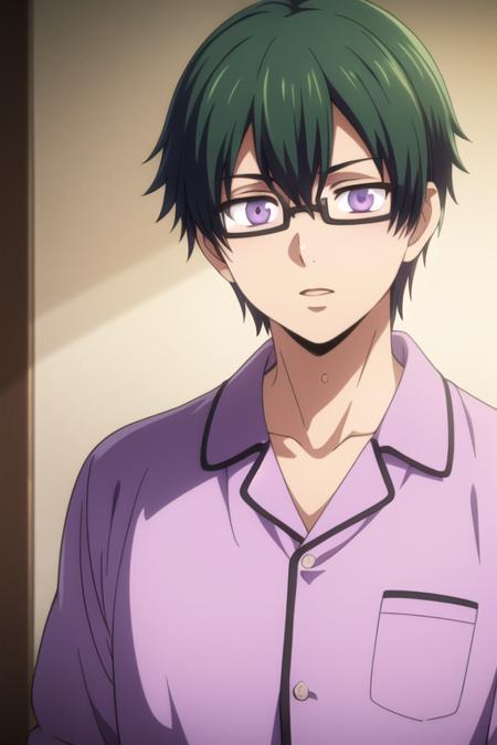 masterpiece, best quality, high quality, 1boy, solo, male focus, looking at viewer, upper body, <lora:takaharu_ootomo:0.56>, takaharu_ootomo, purple eyes, green hair, glasses, realistic, pajamas