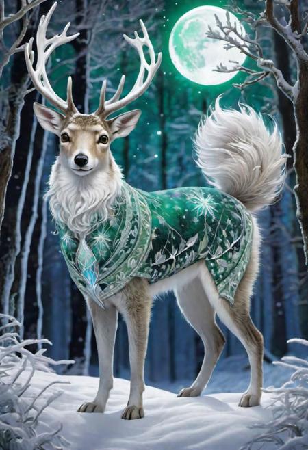 Astral Aura, Amidst a silvery winter's night, a small, agile creature, reminiscent of legends and fairy tales, flits through the moonlit forest. Its coat, a tapestry of deep forest green and frosty white, blends seamlessly with the enchanted winter surroundings. With a snout that twitches in the crisp air and keen, bright eyes surveying the landscape, it moves with a purposeful grace, akin to a guardian spirit of Christmas lore. On its back, a tiny, intricately carved wooden pack, adorned with holly and mistletoe, overflows with miniature gifts, each wrapped in paper that twinkles like starlight. As it bounds softly over the snow, its presence brings a sense of wonder and joy, weaving the magic of the holidays into the heart of the wilderness., astral, colorful aura, vibrant energy