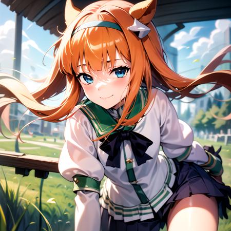 masterpiece, 8k wallpaper, best quality, 1girl, SilenceSizuka, <lora:SilenceSizuka>, smile, blush, looking at the viewer, grass, closed mouth,  silence_suzuka_\(umamusume\),