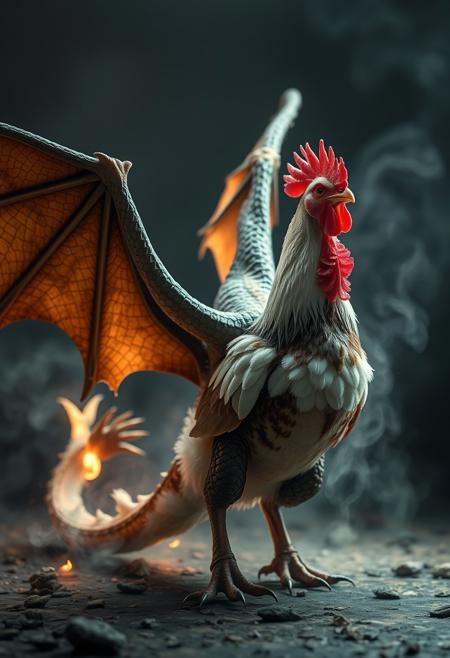 image showing a dragon mid-transformation into a chicken. The dragon's features, such as scales, wings, and claws, will partially blend with the emerging chicken form, like feathers and a beak. The scene will capture the mystical energy of the metamorphosis, with glowing light or magical aura surrounding the creature as the transformation takes place.