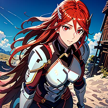 masterpiece,best_quality,hires,high_resolution,cordelia:lora,<lora:cordeliaBetaV4-055:1>, (cordelia_fe, red eyes, red hair, hair ornament), (beautiful eyes, beautiful face, highly detailed face, official art, slim body, medium breasts),2d,masterpiece,best_quality,hires,high_resolution, (dark stormy sky), (armor:1.5), action shot, cowboy shot, (armor,shoulder armor,pauldrons)