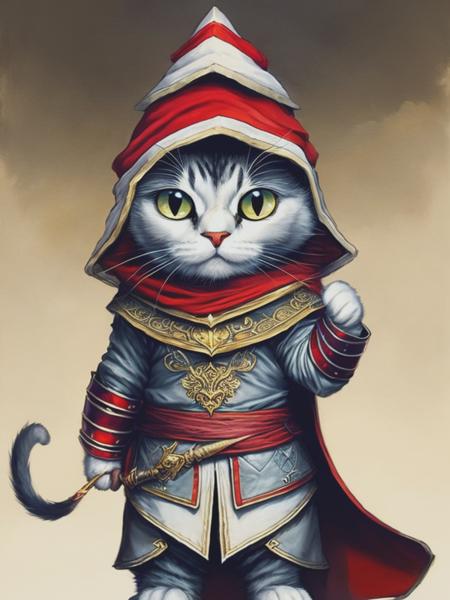 <lyco:Jean-BaptisteMonge:1.0> Cute little Anthropomorphic Cat wearing Ezio Assassin's Creed Costume, intricate detail, Pixar style, Jean-babtiste monge, fantasy, detailed painting, tony Diterlizzi