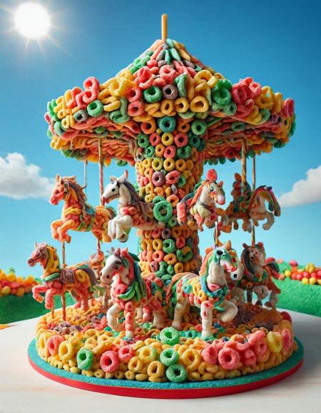 A carnival carousel with horses and decorations made of fruit loops, spinning under a sunny sky. <lora:FruitLoopStyle:1>