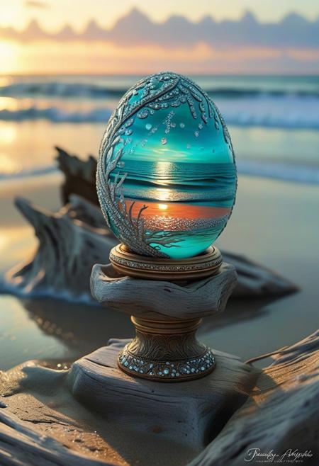 A majestic Fabergé egg sits atop a weathered driftwood pedestal on a serene beach at sunrise, its shell gleaming with intricate pearl patterns and mother-of-pearl surfaces that seem to ripple like the ocean's waves. Delicate wave-like motifs etched into the enamel appear to dance in harmony with the gentle lapping of the water against the shore. Vibrant blues and greens transition into warm coral hues as the egg's surface seems to glow from within, radiating an otherworldly light that captures the essence of the ocean's mystique.,Fantasy Regal Artgem