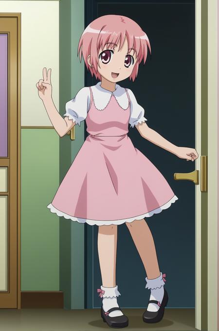 pink hair, short hair, pink eyes, pink dress, bobby socks, mary janes,