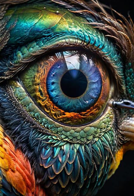 A macroscopic photo of a bird eyes, fur, 8k resolution, 4k image. HDR highly detailed. vivid. UHD, amazing depth, human kind in iris reflection, 
 glowing rich colors, powerful imagery. dark, rim light, Art by John Collier and Albert Aublet and Krenz Cushartore and Artem Demura and Alphonse Mucha<lora:xl_more_art-full_v1:0.95>