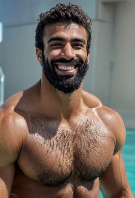 A hairy chested algerian fit hairy man, sexy, hunk, muscled, hairy legs, hairy arms, swimmer, muscled, 4k, high quality, smile