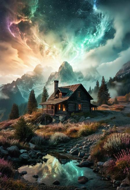(by Ellen Jewett:1.5), (Bioluminescent Impressionism, The Dreamland), their peaks veiled in mist. mixed media, surrealism, great lighting, A surreal landscape highly detailed . extremely high-resolution details,  appears trapped in an optical illusion of reflections and refractions colorful , mountain cabin, professional photography, natural lighting, volumetric lighting maximalist. intricately detailed, complex, elegant, night, moon, meteor shower, expansive, fantastical, film photography style,  <lora:MJ52:0.3>  <lora:SDXLFaeTastic2400:0.4>  <lora:EpicF4nta5yXL:0.7>.ethereal landscapes, depth of field, biotech emotion:1.3) <lora:xl_more_art-full_v1:0.5> <lora:add-detail-xl:1> <lora:RMSDXL_Creative:2>, GhostlyStyle