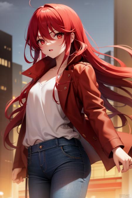 masterpiece, best quality, absurdres, perfect antomy, cinematic lighting, Shana, red hair, red eyes, denim jacket, open jacket, shirt, pants, outdoors, city