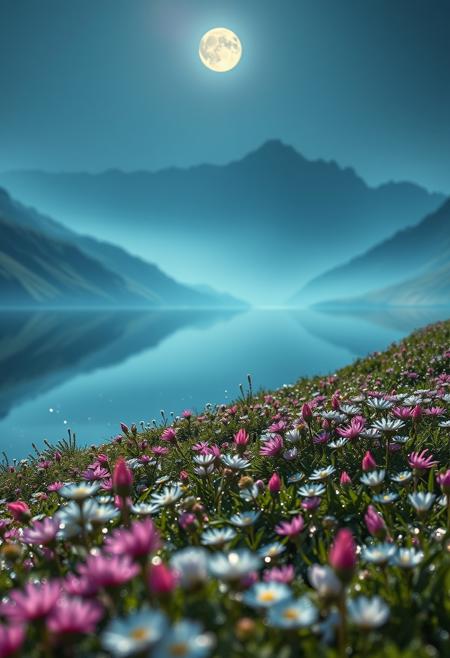 masterpiece, best quality, ultra-detailed, realistic, 8k, RAW photo, award winning realistic scenery photography, perfect shadow, perfect natural lighting, rich colors, perfect composition, perfect colors, perfect complexion, perfect intricate detailed, lakes, surreal, lifelike, real life scenery photo, top quality, trending on artstation, meadows, glitter, moonlight, Crystal landscape, Crystal flowers, Crystal fantastic, out-of-this-world scenery, perfect reflection on water, depth of field,