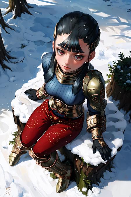 ashei hair ornament, armor, blue sweater, gauntlets, red pants 