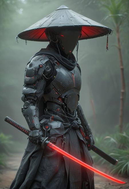 Craft a captivating vibrant dark black-neon caption for a photo capturing the essence of a cyborg (Male) Bedouin sorcerer in fight stance, defying expectations by conjuring a whimsical robot 'freak' from an oversized sedge  hat. ethereal, smoky backdrop. throwing a translucent red/tanslucent red/black iaidow, weapon, katana, holding sword, ready to draw, sheathed, unsheathing, scabbard,, 
 very detailed, atmospheric haze, Film grain, cinematic film still, shallow depth of field, highly detailed, high budget, cinemascope, moody, epic, OverallDetail, gorgeous, 2000s vintage RAW photo, photorealistic, candid camera, color graded cinematic, eye catchlights, atmospheric lighting, skin pores, imperfections, natural, shallow dof