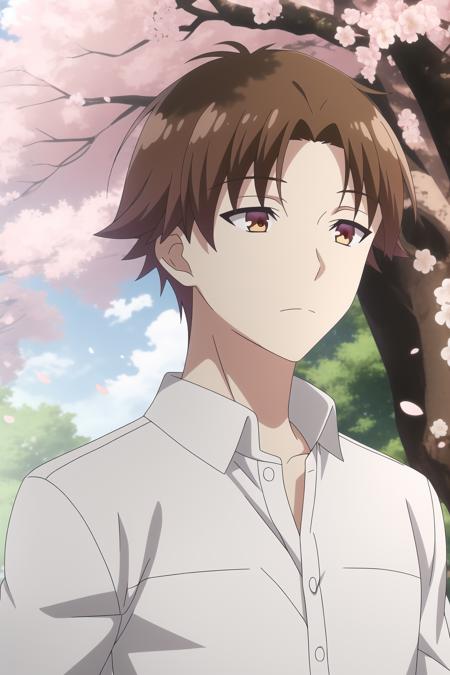 ayanokouji kiyotaka, 1boy, male focus, brown hair, brown eyes, outdoor, upper body, cherry blossom, trees, leaves, white shirt, black pants