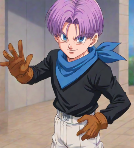 GT Trunks, short purple hair, blue eyes, black long sleeved shirt, blue bandana, brown leather gloves, white baggy short slacks, cutty sark socks, brown boots, solo