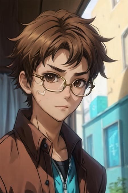 masterpiece, best quality, illustration, 1boy, solo, male focus, looking at viewer, upper body, , <lora:hisamitsu_noto:0.70>, hisamitsu_noto, brown hair, brown eyes, glasses, , , The Shattering Isles,