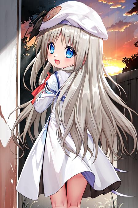 Masterpiece, Best Quality, beautiful detailed eyes, kud, <lora:kud_lora-000010:1.0>, white dress, sunset, kud_hat, <lora:darkAndLight_v10:0.5>, <lora:epiNoiseoffset_v2:1>, halftone, from behind, looking back, :D