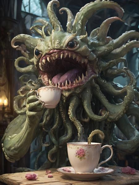 a morbol human as a star in a movie drinking tea... with tentacles,  <lora:- SDXL -_ff_morbol_V1.0:.8>