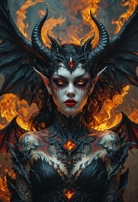 A woman with a voluptuous body and large breasts has an enchanting, yet sinister appearance. She embodies the characteristics of a demonic succubus, featuring demonic wings, a body tattoo, and an aura filled with both fire and demonic energy. Her style is distinctly demonic, and she carries herself with the grace and allure of a succubus. Her makeup and tattoos further emphasize her otherworldly persona.