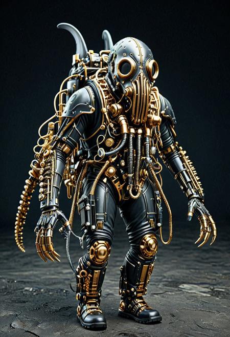 8k, Tilt shift photography style, mechanical zombie, walking, whale head, squid gold tentacles, black gas mask, Transistors shilver tactical armor, shick shark arms, mechanical back pack, shilver circuits, propeller on body, walking on the cave, simple dark background, minimalist ,extremely detailed,qu4ntum