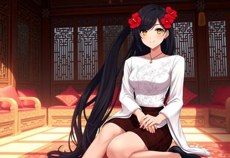 An anime-style depiction of a woman with long, silky black hair, adorned with bright red hibiscus flowers, sitting gracefully in a richly furnished traditional Indonesian room, bathed in soft, warm light. The room is a testament to the careful craftsmanship, featuring intricately carved wooden furnishings and plush, rich red cushions, contributing to the atmosphere of luxurious comfort. She is dressed in a stunning white kebaya, distinguished by its delicate floral motifs, elegant long sleeves, and intricate embroidery. Completing her look is a short, dark brown batik sarong skirt, which adds a layer of cultural heritage and charm. Her golden eyes radiate warmth and gentleness, complemented by the soft smile that softens her face. A delicate gold pendant necklace rests elegantly against her skin. Her black high heels add a touch of modern sophistication to the scene. This highly detailed, high-resolution image is rendered with soft, warm lighting, perfectly capturing the elegant aesthetic of the culture. The richness of Indonesia’s heritage and the graceful beauty of the woman are brought to life through painstaking detail, creating a harmonious visual narrative.