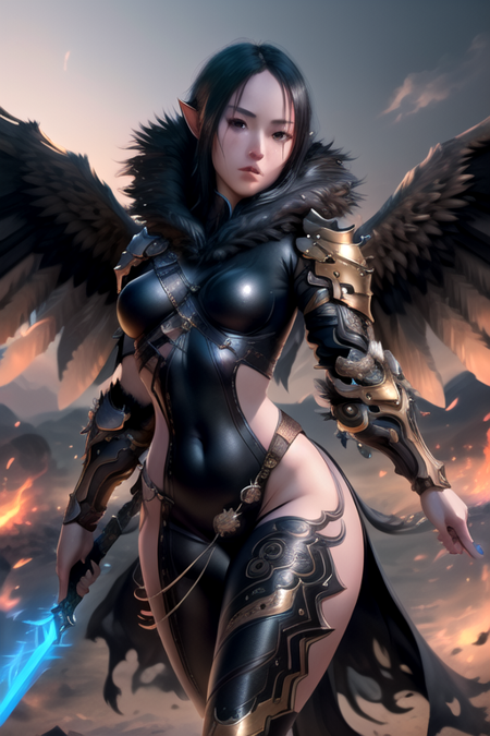 <lora:jinsoyunV4:0.6>jinsoyun,1girl, solo, breasts, black hair, holding, weapon, wings, pointy ears, sword, holding weapon, armor, lips, bodysuit, shoulder armor ,(realistic:1.2), (realism), (masterpiece:1.2), (best quality), (ultra detailed), (8k, 4k, intricate),(full-body-shot:1), (85mm),light particles, lighting, (highly detailed:1.2),(detailed face:1.2), (gradients), sfw, colorful,(detailed eyes:1.2)(detailed background),detailed landscape, (dynamic angle:1.2), (dynamic pose:1.2), (rule of third_composition:1.3), (Line of action:1.2)