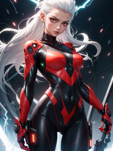 masterpiece, realistic, 
white hair, glowing red eyes, muscular woman, intense expression, futuristic bodysuit, black and red outfit, electricity, lightning effects, highly detailed, dynamic pose, energy aura, wind-blown hair, dramatic lighting, glowing aura, sci-fi, powerful stance, battle-ready, glowing energy, sharp details, anime-style, powerful female character