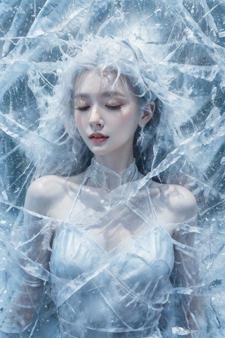 (Masterpiece, high quality, best quality, official art, beauty and aesthetics:1.2),ice and water,(ice:1.4),ice cone,ice circle,1girl,solo,Ice wraps around the girl (lingering:1.2),(white chinese clothes:0.8),space,((extremely detailed ink background)),((flat color)),{{ink splashing}},frost nova,ice ring,a bit like circular magic,facing camera,<lora:ice cake_20231126200433-000018:0.7>,extremely detailed 8K wallpaper,(an extremely delicate and beautiful),intricate detail,exquisite eyes,<lora:lolita_æ´ä¸½å¡ è£å­_æ¬¾å¼1:0.3:lbw=1,1,0,0,0,1,1,1,1,1,1,1,1,1,1,1,1>,sky,ice bound,ice cake,closed eyes,ice cracks,