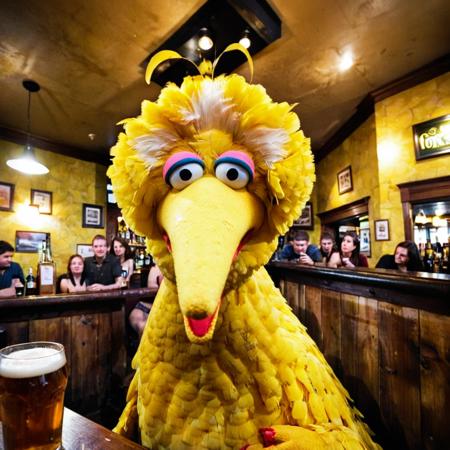 analog film photo Bigbird1024, a giant yellow bird takes a selfie in a pub, in the style of fisheye effects, somber mood, strong facial expression, tilt shift <lora:Bigbird1024-000255:0.7>  . faded film, desaturated, 35mm photo, grainy, vignette, vintage, Kodachrome, Lomography, stained, highly detailed, found footage