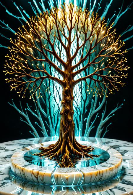 aesthetic, masterpiece, beautiful, elegant, award winning, absurdres, hdr, best quality, hyper detailed,
tree protruding from liquid marble, light sparks, shimmering lake, glass
shiny, sparkle, symmetrical, gl4ssj3m, still life,