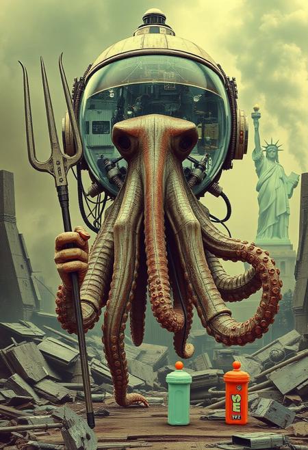 YFG-Asak retro futurism, Full body frontal symmetrical image of a cyborg style mechanical octopus in a fish tank helmet filled with water, cables, mechanical parts, tubes and springs, lets, a bulky futuristic trident in hand, foot resting on pez dispensers, blue, gray and ochre tones, background of ruins and smoke, hyper detailed, retro futuristic statue of liberty background,