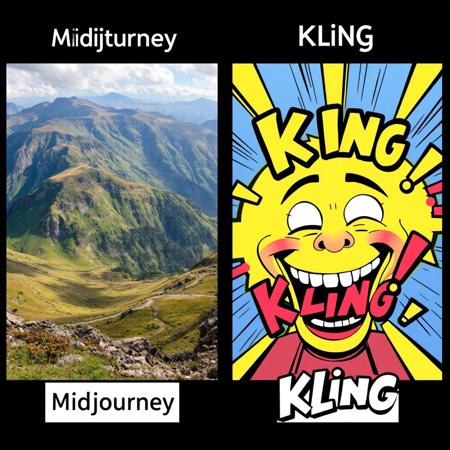 A comparison between two images: one, a detailed, breathtaking landscape with high quality, labeled 'Midjourney,' and the other, a humorous, distorted image labeled 'Kling,' featuring strange colors and shapes, comic-book style, playful and light-hearted