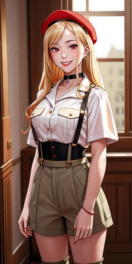 ((Masterpiece, best quality)),photography, detailed skin, realistic, photo-realistic, 8k, highly detailed, full length frame, High detail RAW color art, diffused soft lighting, shallow depth of field, sharp focus, hyperrealism, cinematic lighting
red edgAndy_costume, solo, smile,blonde marin kitagawa,breasts , short sleeves, military uniform,boots, belt, star badge, wearing edgAndy_costume,beret,suspenders,
<lora:edgOrangeStarUniform:0.5>gradient hair color, piercings, choker,red eyes,smiling
<lora:MarinKitagawa:0.65>