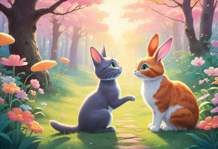 a whimsical digital illustration of a playful encounter between a curious cat and a friendly bunny, vibrant colors, soft pastel tones, dreamy atmosphere, inspired by the art style of Hayao Miyazaki, Studio Ghibli, and Mary Blair, whimsical and fantastical, charming and heartwarming, magical and enchanting, 2D illustration, high resolution