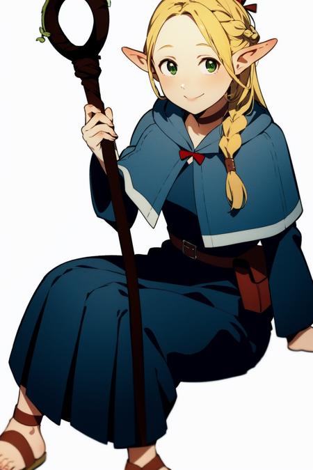 masterpiece, best quality,  <lora:marcille:1>,1girl, blonde hair, pointy ears, solo, staff, green eyes, elf, braid, long hair, smile, sandals, sitting, belt, looking at viewer, white background, simple background, dress, pouch, bag, capelet, robe, hair ornament