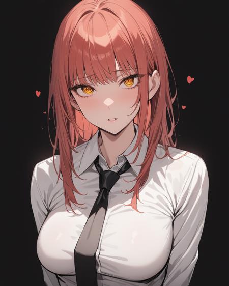 <lora:makima_lokr_sdxl_1200:1>, 1girl, solo, breasts, looking at viewer, bangs, simple background, shirt, long sleeves, medium breasts, yellow eyes, white shirt, upper body, heart, red hair, parted lips, necktie, collared shirt, black background, black necktie, ringed eyes,  masterpiece, best quality