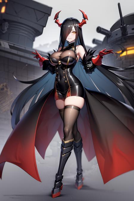 friedrich der grosse \(azur lane\), 1girl, baton (conducting), long hair, solo, red gloves, thighhighs, breasts, horns, black hair, hair over one eye, bare shoulders, very long hair, large breasts, yellow eyes, red horns, dress, black thighhighs, boots, gloves, full body, black dress, looking at viewer, machinery, smile, mechanical horns, zettai ryouiki, rigging, bangs, armored boots, covered navel, black footwear, knee boots, standing, simple background, turret, sleeveless dress, short dress, sleeveless, cleavage, white background